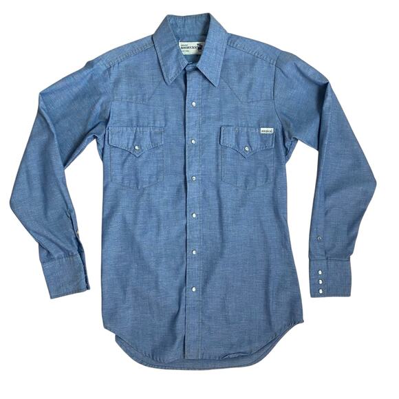 Vintage 70s 80s Roebucks Chambray Pearl Snap Western Button Down Shirt Small - Picture 1 of 6